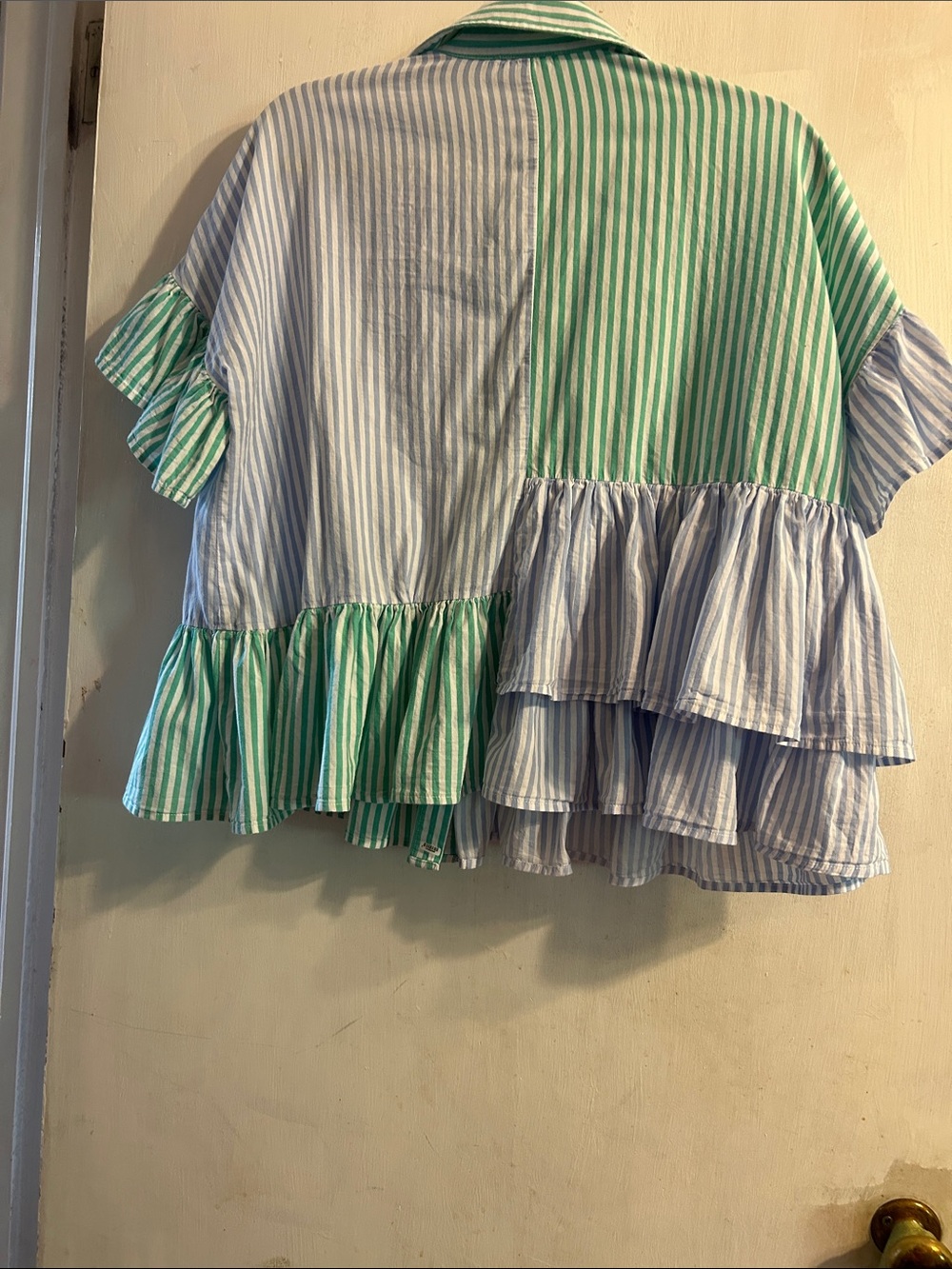 Entro Green & Blue Striped Ruffle Button-Front Blouse - Picture 6 of 7